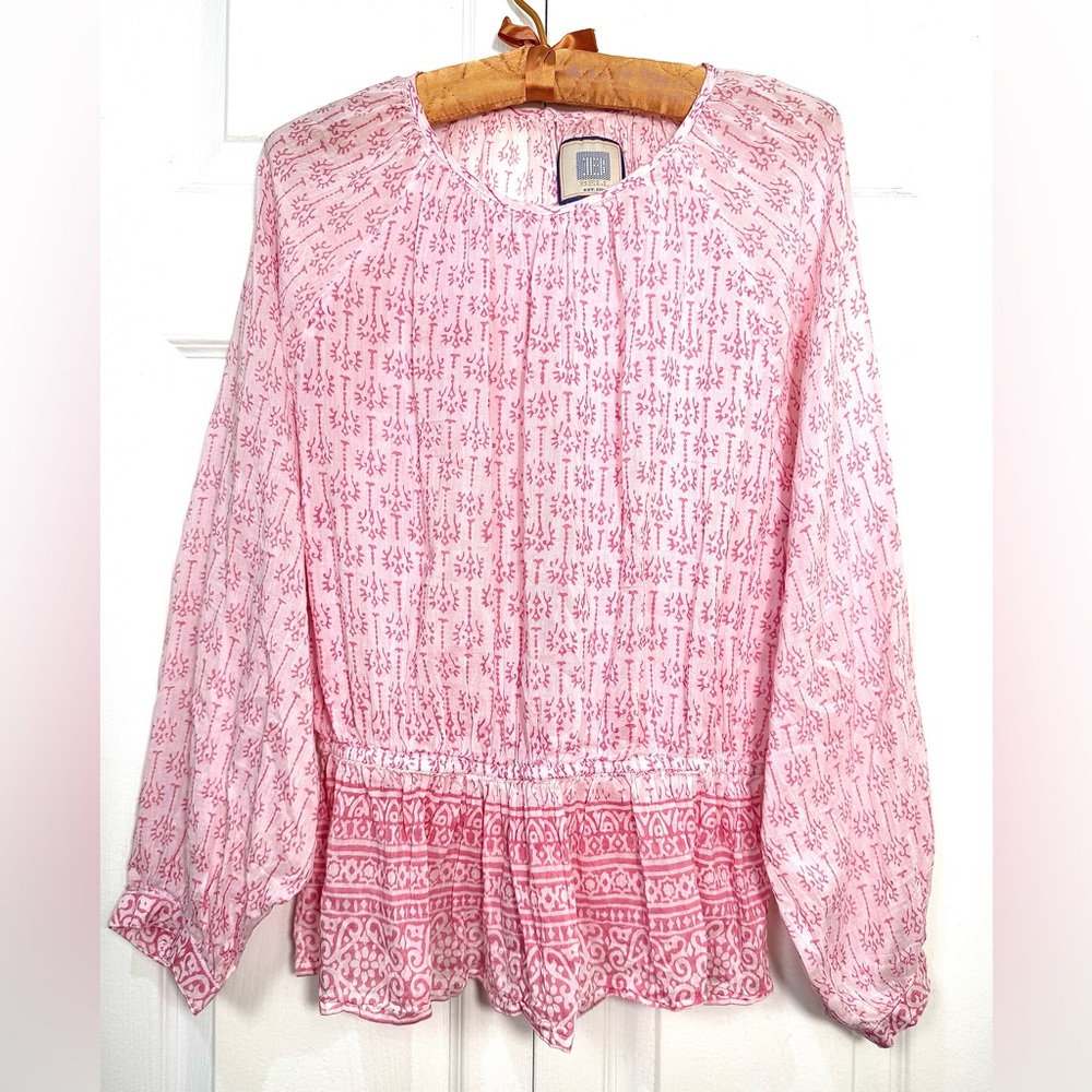 Bell Est 2000 Boho Peasant Blouse Pink Block Print Smocked Waist Top Size L
